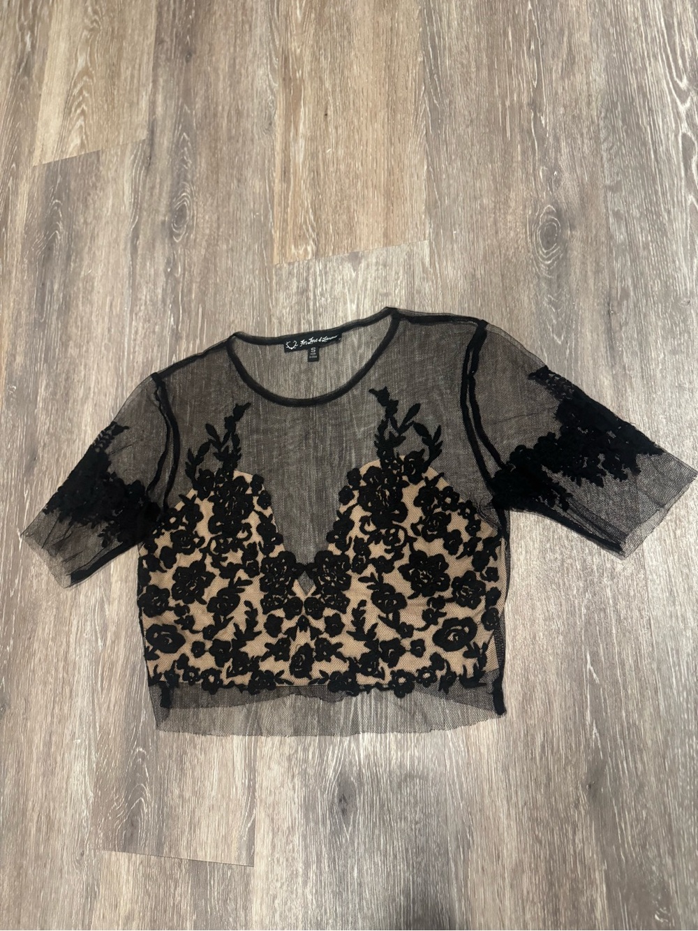 For Love & Lemons Black Nude Embroidered Lace Mesh Crop Top Size S